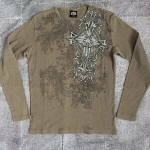Men's Vintage Y2K MMA Elite Brown Cross Logo Thermal Long Sleeve T Shirt Sz L